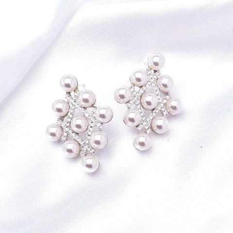 Fancy Diamond Shape Fresh Pearl & Crystal Earring_2 colors