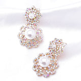 Elegant Double Flower Dangle Pearl & Crystal Earring_3 colors