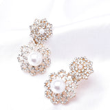 Elegant Double Flower Dangle Pearl & Crystal Earring_3 colors