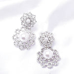 Elegant Double Flower Dangle Pearl & Crystal Earring_3 colors