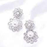 Elegant Double Flower Dangle Pearl & Crystal Earring_3 colors